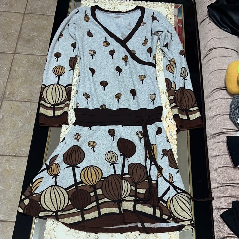 Grey long-sleeved sweater dress with brown floral pattern